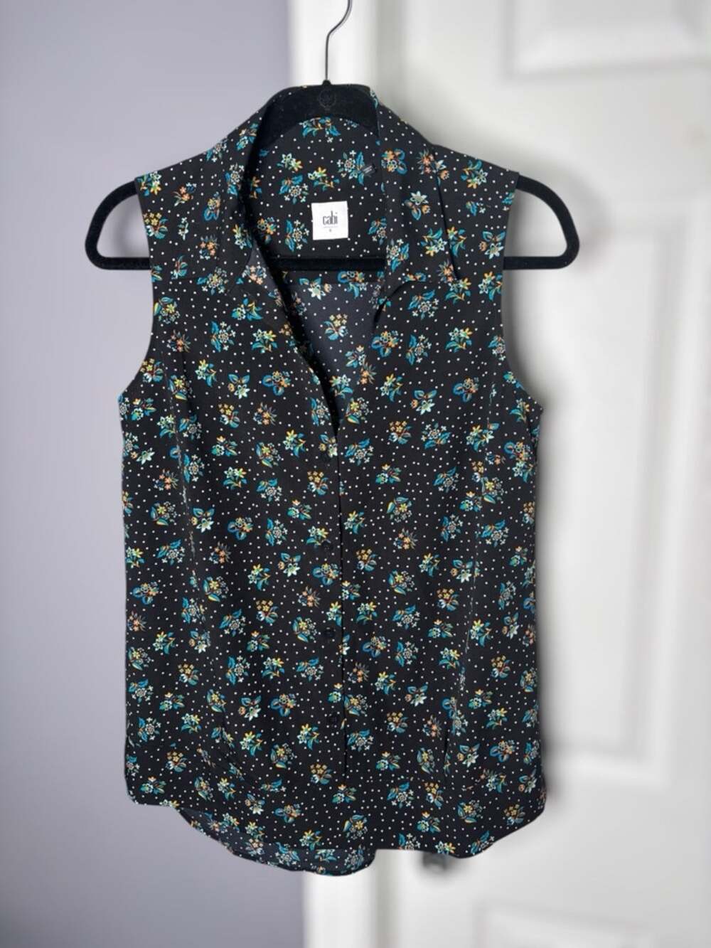 Cabi Black Blue Floral Sleeveless Tunic Button Front Small